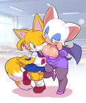 1girl anthro bat black_nose blush canine clothed clothing crossdressing duo eyewear fox furry glasses male mammal membranous_wings miles_"tails"_prower nipples rouge_the_bat school_uniform sega teacher uniform wardrobe_malfunction wince wings woory_tama