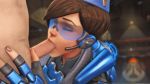  3d 3d_(artwork) animated brown_eyes brown_hair cadet_oxton_(overwatch) deepthroat eye_contact fellatio female garrison_cap gif large_penis loop male/female oral overwatch short_hair solo_focus sound spizder spizzy straight tracer_(overwatch) 