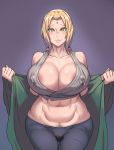 1girl amber_eyes areola bare_shoulders belly big_breasts blond blond_hair blonde blonde_hair blush breasts cleavage clothing erect_nipples erect_nipples_under_clothes eyebrows eyelashes female female_only forehead_mark gold_eyes golden_eyes hair_tie hands huge_breasts hypnotized lips looking_at_viewer metal_owl mind_control naruto navel neck nipples pubic_hair shoulders solo solo_female standing tsunade undressing wet_pussy