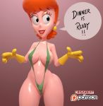 1girl 3d artist_name big_breasts bikini breasts caucasian cleavage crisisbeat dexter's_laboratory dexter's_mom earrings eyelashes gloves hips legs micro_bikini milf mostly_nude navel orange_hair sexy sling_bikini slut speech_bubble standing stomach text thick_thighs