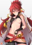 1girl archway_of_venus asymmetrical_clothes asymmetrical_gloves belt black_gloves blazing_heart_(elsword) blush breast_slip breasts breasts_apart chain cowboy_shot elesis_(elsword) elsword eyebrows_visible_through_hair eyes_visible_through_hair fingerless_gloves gloves gluteal_fold grin hair_between_eyes long_hair looking_at_viewer medium_breasts navel nipples one_breast_out_of_clothes pants_pull parted_lips patreon_username pussy red_eyes red_hair simple_background single_pantsleg smile spiky_hair v-shaped_eyebrows waero white_background