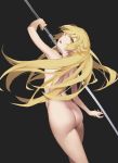  1girl 981519 ass blonde completely_nude contentious_content from_behind high_resolution holding holding_sword holding_weapon kissshot_acerolaorion_heartunderblade long_hair looking_at_viewer looking_back monogatari_(series) nude pointed_ears simple_background sword very_high_resolution very_long_hair weapon yellow_eyes 