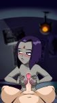  1boy 1girl blush completely_nude dc_comics female_focus forehead_jewel gif girl_on_top grey_skin highwaytotartarus nude paizuri purple_eyes purple_hair raven_(dc) short_hair teen_titans 