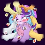 alt applejack_(mlp) blue_eyes blush caroo equestria_girls eyebrows feet friendship_is_magic hat my_little_pony pinkie_pie_(mlp) soles speech_bubble starlight_glimmer sunset_shimmer sweat toe_sucking toes trixie twilight_sparkle_(mlp) yuri