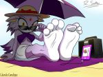  1girl 1girl 2018 4_toes anthro barefoot beach bikini blaze_the_cat cat clothing cornchip21 eyewear feet feline foot_fetish fur looking_at_viewer mammal paws portable_music_player purple_fur screampunk seaside sega soles sunglasses swimsuit toes video_games yellow_eyes 