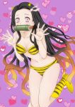  1girl alternate_costume animal_print bamboo bikini black_hair breasts cosplay crossover demon_girl demon_slayer demon_slayer:_kimetsu_no_yaiba gradient_hair hair_ribbon heart heart_background horns impossible_clothes kamado_nezuko kimetsu_no_yaiba long_sleeves lum lum_(cosplay) lum_invader medium_breasts multicolored_hair navel oni panties purple_eyes red_hair revealing_clothes sharp_fingernails striped striped_bikini swimsuit tiger_print two-tone_hair underwear urusei_yatsura ven_(dai6ten) waving 