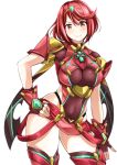 1girl alluring armor ass bangs big_breasts bodysuit gloves hair_ornament hand_on_hip hotpants pyra_(xenoblade) red_eyes red_hair short_hair thigh_high_boots xenoblade_(series) xenoblade_chronicles_2