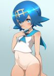  1girl blue_eyes blue_hair blush bottomless cute embarrassed flying_sweatdrops hot lana looking_at_viewer nada_haruka one-piece_tan pokemon pokemon_sm pussy sexy short_hair small_breasts suiren_(pokemon) tan_line tanned tanned_skin wavy_mouth 