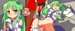  1girl 9law :&lt; armpits blush bottomless censored color detached_sleeves directional_arrow drunk edit futanari futanari_on_female green_eyes green_hair human instant_loss_2koma japanese_clothes long_hair majin_edits multiple_girls penis pussy reimu_hakurei sanae_kochiya sex suwako_moriya touhou vaginal vaginal_penetration wink 