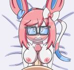  1girl 2018 anthro blush breasts digital_media_(artwork) duo eeveelution embarrassed eyewear female_focus first_person_view glasses hair human human_on_anthro interspecies looking_at_viewer male male/female mammal mintyspirit nintendo nipples nude paizuri penis pink_hair pok&eacute;mon pok&eacute;mon_(species) questionable_consent sex solo_focus sylveon video_games 