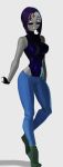  1girl bare_shoulders dc_comics denim female_only female_solo fingerless_gloves forehead_jewel gloves green_legwear grey_skin high_resolution jeans leotard morganagod pants purple_hair raven_(dc) short_hair simple_background socks sunglasses superheroine teen_titans 