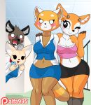 1girl 2018 5_fingers aggressive_retsuko alfa995 antelope anthro blush blush_stickers breasts canine cleavage clothed clothing collarbone crop_top digital_media_(artwork) fennec fenneko fox furry gif group haida hand_on_shoulder holding_object holding_phone hyena inside laugh male mammal midriff navel one_eye_closed open_mouth patreon phone red_panda retsuko sanrio shaking shirt skirt smile tsunoda wide_hips wink