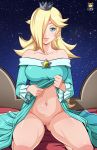  1girl clothed crown dress dress_lift female hair_over_one_eye hairless_pussy kyoffie looking_at_viewer no_panties princess_rosalina pussy super_mario_bros. 