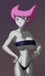  1girl alternative_bust_size bare_shoulders big_breasts bikini_bottom blush_stickers breasts cleavage cowboy_shot dc_comics female_only female_solo grey_skin jinx morganagod pink_eyes pink_hair short_hair spiky_hair standing teen_titans tubetop underboob 