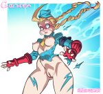  1girl 2020 blonde_hair blue_background blue_hat blush breasts cammy_white capcom chickpea colored embarrassed exposed_breasts exposed_pussy female_only fingerless_gloves gloves legs light-skinned_female nipples no_pants no_pubic_hair perky_breasts ponytail pussy simple_background solo_female street_fighter thighs torn_clothes uncensored 