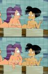  2_girls amy_wong asian_female big_breasts covering_breasts cyclops edit edited eyelashes futurama long_hair nipples nude nude_edit nude_female one_eye pink_nipples ponytail sauna short_hair towel turanga_leela 