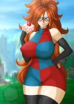 android_21 big_breasts blue_eyes breasts cake dragon_ball dragon_ball_fighterz dragon_ball_super dragon_ball_z erect_nipples female food fully_clothed glasses nipples orange_hair solo strawberry_shortcake waifuholic