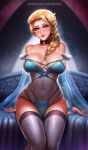 1girl badcompzero big_breasts blonde blonde_hair bra braid braided_hair choker cleavage earrings elsa elsa_(frozen) female female_only frozen_(movie) leotard lingerie looking_at_viewer mostly_nude panties royalty single_braid sitting solo solo_female stockings