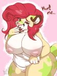 1girl 1girl anthro apes big_breasts bottomless breasts clothed clothing cougar english_text eyelashes feline flashing furry high_res huge_breasts looking_at_viewer mammal nipples overweight overweight_female pussy smile text thick_thighs tongue tongue_out voluptuous