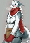 1girl 1girl anthro bag blue_eyes bra breasts canine cleavage clothed clothing dog fur furry grey_fur hair heterochromia husko husky long_hair mammal mittens multicolored_fur panties red_eyes scarf snow standing toco_(artist) tongue two_tone_fur underwear white_fur white_hair