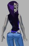  1girl ass bare_shoulders belt bob_cut dc_comics female_only female_solo forehead_jewel jeans leotard looking_back morganagod pale_skin purple_hair raven_(dc) short_hair simple_background skin_tight sunglasses superheroine teen_titans 