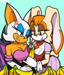  1girl 2016 absurd_res annoyed anthro banana bat big_breasts breasts cleavage clothed clothing duo food fruit high_res lagomorph mammal marthedog mature_female rabbit rouge_the_bat sega vanilla_the_rabbit 