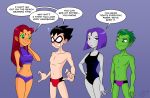 2_girls 2boys 2girls beast_boy bold-n-brash dc_comics english_text mostly_nude raven_(dc) robin speech_bubble starfire swimsuit teen_titans