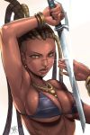  1girl armpits arms_up bandai_namco big_breasts bikini bikini_top black_girl block blonde_hair bracelet breasts brown_hair brown_skin dark-skinned_female dark_skin dreadlocks gold gold_eyes katana kewminus lips long_hair looking_at_viewer master_raven medium_breasts namco necklace open_mouth scar shaved_head shiny shiny_skin stripes sweat sword tekken tekken_7 tied_hair 