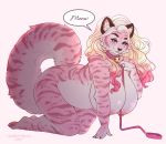 1girl 1girl 2020 all_fours anthro bell bell_collar belly big_belly big_breasts blonde_hair blue_eyes breasts collar curvy_figure dialogue felid fur furry hair half-closed_eyes hanging_breasts high_res highlights_(coloring) huge_breasts leash long_hair looking_at_viewer mammal marzipan_(spottedtigress) multicolored_body multicolored_fur narrowed_eyes nipples nude overweight overweight_anthro overweight_female pantherine pawpads pink_background pink_body pink_fur pink_highlights seductive signature simple_background speech_bubble spottedtigress striped_body striped_fur stripes text thick_thighs tiger voluptuous white_body white_fur