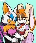 1girl 2016 absurd_res annoyed anthro bat big_breasts breasts cleavage clothed clothing dark_skin double_handjob duo erection group group_sex handjob high_res human lagomorph male mammal marthedog mature_female penis rabbit rouge_the_bat sega sex threesome vanilla_the_rabbit