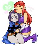 2girls belt big_breasts boots breasts closed_eyes curvy dc dc_comics doboshiru forehead_jewel grey_skin leotard long_hair looking_down miniskirt orange_skin purple_eyes purple_hair raven_(dc) red_hair short_hair skirt smile starfire teen_titans thigh_high_boots zettai_ryouiki