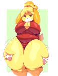 1girl 2018 absurd_res animal_crossing anthro arm_warmers armwear belly big_breasts big_thighs border breasts canine clothed clothing digital_media_(artwork) disembodied_hand dog duo furry high_res huge_hips hyper_thighs isabelle_(animal_crossing) legwear looking_at_viewer mammal motion_lines navel nintendo overweight overweight_female shih_tzu short_stack slightly_chubby smile solo_focus stockings stockings thick_thighs thigh_grab trinity-fate62 video_games voluptuous white_border wide_hips