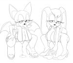  &lt;3 1girl anthro bat bedroom_eyes big_breasts blush breast_milking breasts clothed clothing crouching drooling duo eyelashes footwear half-closed_eyes high_heels lactating lagomorph mammal milk monochrome nipples rabbit ravnic rouge_the_bat saliva seductive sega shoes sketch skimpy sweat tongue tongue_out vanilla_the_rabbit 