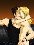 2boys ass ass_grab automail back blonde_hair bracelet brown_hair edward_elric facial_hair fullmetal_alchemist greed grin hair_down holding holding_hair homunculus hug jewelry long_hair looking_back maes_hughes male male_focus multiple_boys nude ouroboros prosthesis purple_eyes short short_hair size_difference smile spiked_hair stubble tank_top tattoo yaoi yellow_eyes