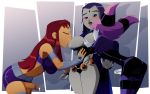 1girl 2futas big_breasts breast_sucking dcau futanari grey_skin jinx koriand'r orange_skin rachel_roth raven_(dc) ravenravenraven starfire teen_titans