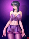 1girl breasts camisole garter_belt garters hanaduka hanazuka_ryouji lingerie midriff nico_robin nipples one_piece panties panty_pull pubic_hair purple_legwear purple_panties purple_thighhighs see-through solo standing thighhighs underwear