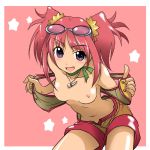  1girl blush breasts climax_entertainment dinosaur_king glasses kakkii nipples pink_hair purple_eyes ribbon ribbons sega solo tatsuno_malm topless twintails zoe_drake 