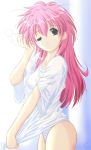 1girl blue_eyes blue_panties bottomless broccoli_(company) galaxy_angel long_hair milfeulle_sakuraba no_pants panties pink_hair rabisuke see-through shirt shirt_tug sleepy solo standing striped striped_panties underwear wince