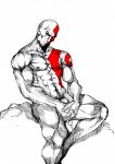 1boy bara god_of_war human kratos male male_only monochrome muscle nude solo_focus tagme