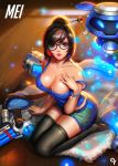 1girl big_breasts glasses mei-ling_zhou mei_(overwatch) miniskirt non-nude overwatch solo stockings sweating