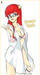 1girl bespectacled border bra female female_human female_only glasses human johnny_test labcoat mostly_nude open_labcoat panties rectangular_eyewear red_hair solo standing susan_test unbuttoned underwear white_background