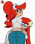 2girls anus ass ass_grab assisted_exposure clothed darkprincess04_(artist) gif incest johnny_test labcoat mary_test no_panties pants pants_pulled_down pussy redhead sister_and_sister sisters susan_test yuri