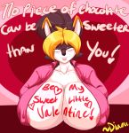 1girl anthro beauty_mark big_breasts blush body_writing breasts canine cleavage clothed clothing dialogue diana_(thecon) dog eyewear furry glasses huge_breasts mammal mature_female nipple_bulge thecon