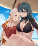  2_girls alluring alternate_costume beach_umbrella big_breasts bikini black_bikini black_choker black_swimsuit blue_sky breasts byleth_(fire_emblem) byleth_(fire_emblem)_(female) choker cleavage cloud commentary_request day edelgard_von_hresvelg feet_out_of_frame female_only fire_emblem fire_emblem:_three_houses fire_emblem_heroes hair_between_eyes inuzuka_nr knees_up long_hair multiple_girls nintendo official_alternate_costume one-piece_swimsuit parted_lips purple_eyes red_one-piece_swimsuit red_swimsuit sitting sky stomach swimsuit teal_hair thighs umbrella very_long_hair white_hair yuri 