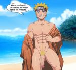  1boy beach english_text half-dressed half_naked half_nude male male_only muscle muscles naruto naruto_shippuden naruto_uzumaki presenting_penis showing_penis solo yaoi 