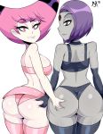 2girls ass ass_focus ass_grab back_to_viewer bare_ass bmayyneart dat_ass dc_comics elbow_gloves female_only forehead_jewel gloves grey_skin high_resolution jinx large_ass lingerie looking_at_viewer multiple_girls pale_skin pink_eyes pink_hair purple_eyes purple_hair raven_(dc) sharp_teeth superheroine teen_titans yuri