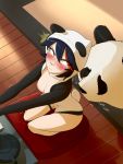  1girl 1girl animal_costume animal_hood blush breasts english_text exposed_breasts high_resolution hood hood_up kill_la_kill kneel matoi_ryuuko medium_breasts naked_hoodie nipples panda panda_costume panda_ears panda_hood pudgeruffian seiza sitting surprised sweatdrop tail teapot text 