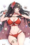 1girl 1girl alluring alternate_costume big_breasts bikini black_hair cleavage fire_emblem fire_emblem_awakening fire_emblem_heroes gonzarez light-skinned_female light_skin long_hair looking_at_viewer lying milf nintendo official_alternate_costume on_back red_bikini red_swimsuit swimsuit tharja tharja_(fire_emblem) tharja_(summer)_(fire_emblem)