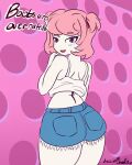 animated ass ass_shake big_ass blush bouncing_ass daisy_dukes doki_doki_literature_club gif lewddoodler looking_at_viewer looking_back natsuki_(doki_doki_literature_club) pink_hair text twerking