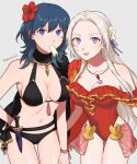  2_girls alluring alternate_costume bikini black_bikini black_swimsuit blue_eyes breasts byleth_(fire_emblem) byleth_(fire_emblem)_(female) byleth_(summer)_(fire_emblem)_(female) cape cleavage edelgard_von_hresvelg edelgard_von_hresvelg_(summer) female_only fire_emblem fire_emblem:_three_houses fire_emblem_heroes flower food frilled_swimsuit frills hair_flower hair_ornament high_res jewelry long_hair looking_at_viewer medium_hair multiple_girls necklace official_alternate_costume one-piece_swimsuit peach11_01 popsicle popsicle_in_mouth purple_eyes red_one-piece_swimsuit red_swimsuit smile swimsuit teal_hair white_hair 